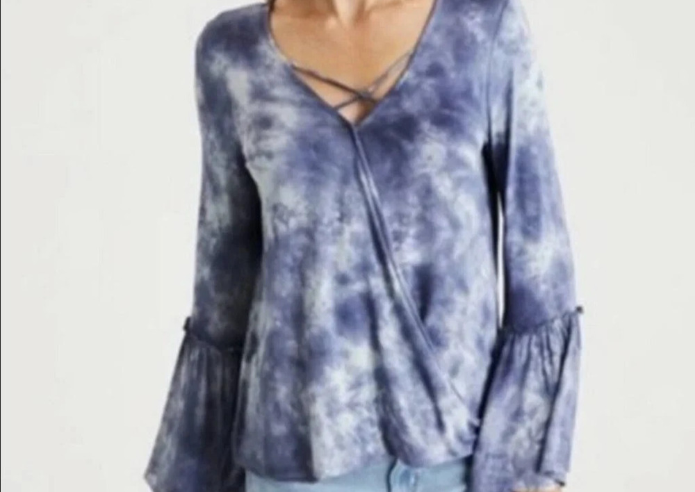 American Eagle Blue/White Stretch Tie-Dye Top Bell Sleeve Boho Chic Festival XS